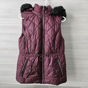 Michael Kors Active Puffer Faux Fur Hood Vest Women M Maroon Nylon Zip Quilted